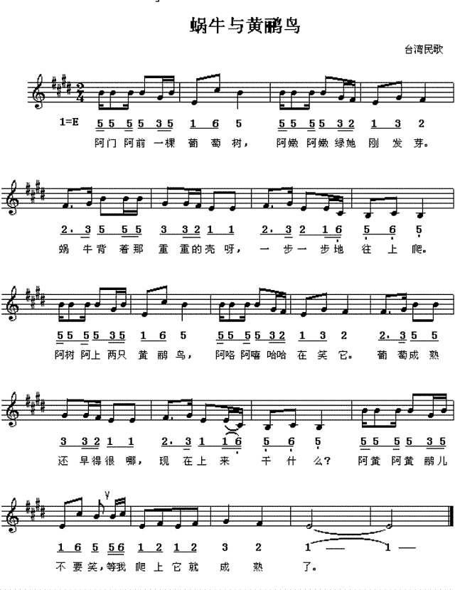 简介:《蜗牛与黄鹂鸟》是一首流行于台湾的叙事性民歌,歌词以叙述者