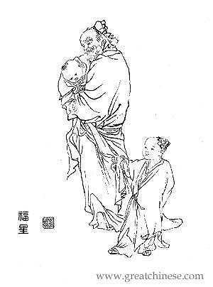 福星头戴官帽手持玉如意或手捧小孩为天官一品大帝,天官赐福由此而来.