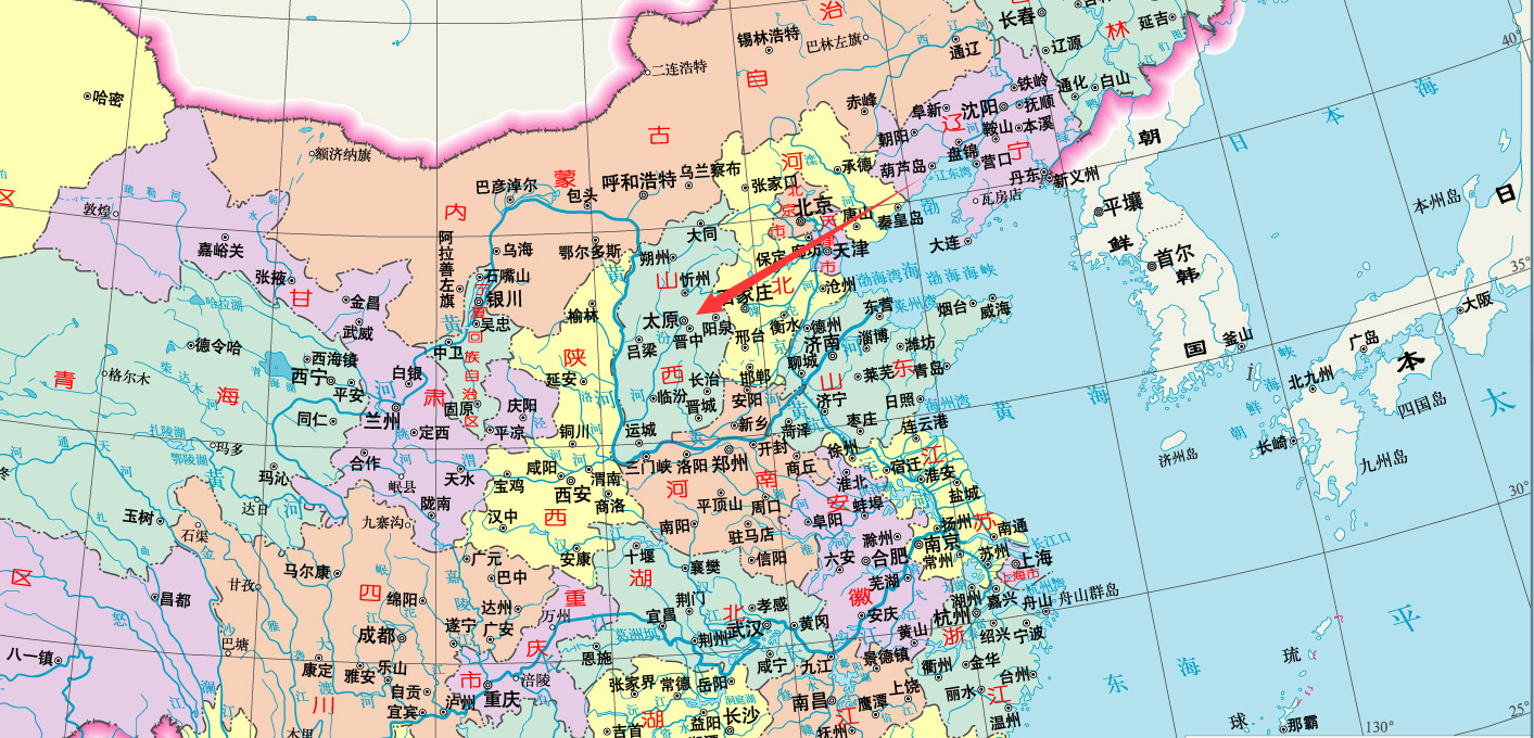 大概方向是西南方 主要看你去哪个城市了,要是去大同市大概就是西偏南