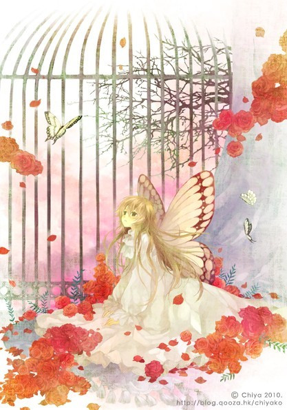 画里面的少女长着一双蝴蝶翅膀,双眼无神,还被一个笼子困这